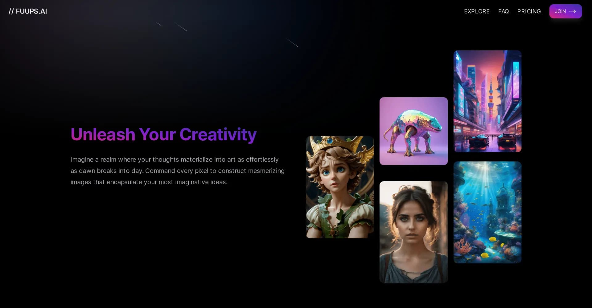 Fuups homepage screenshot — AI-powered image creation and transformation