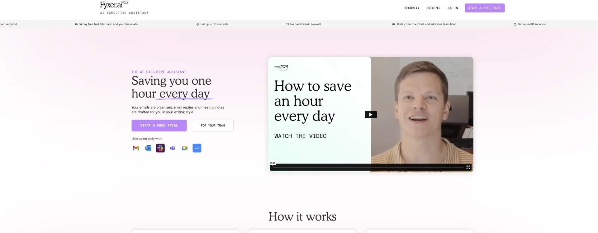 Fyxer.ai homepage screenshot — Save 1 hour daily with an AI executive assistant.