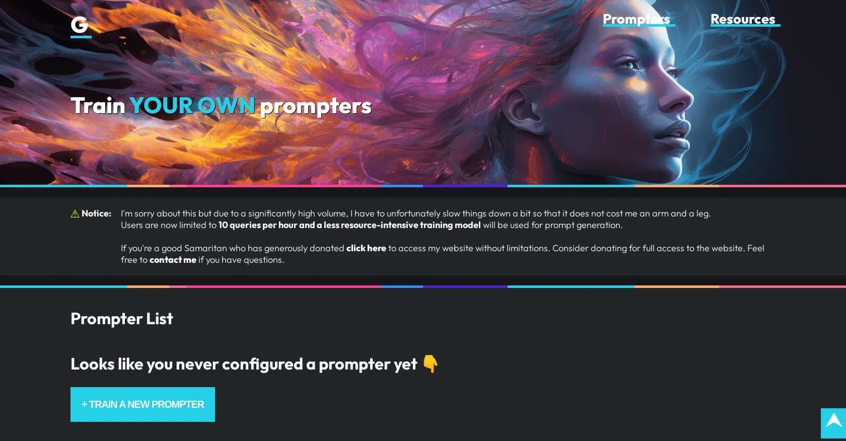 G-Prompter homepage screenshot — Train AI prompters for personalized results