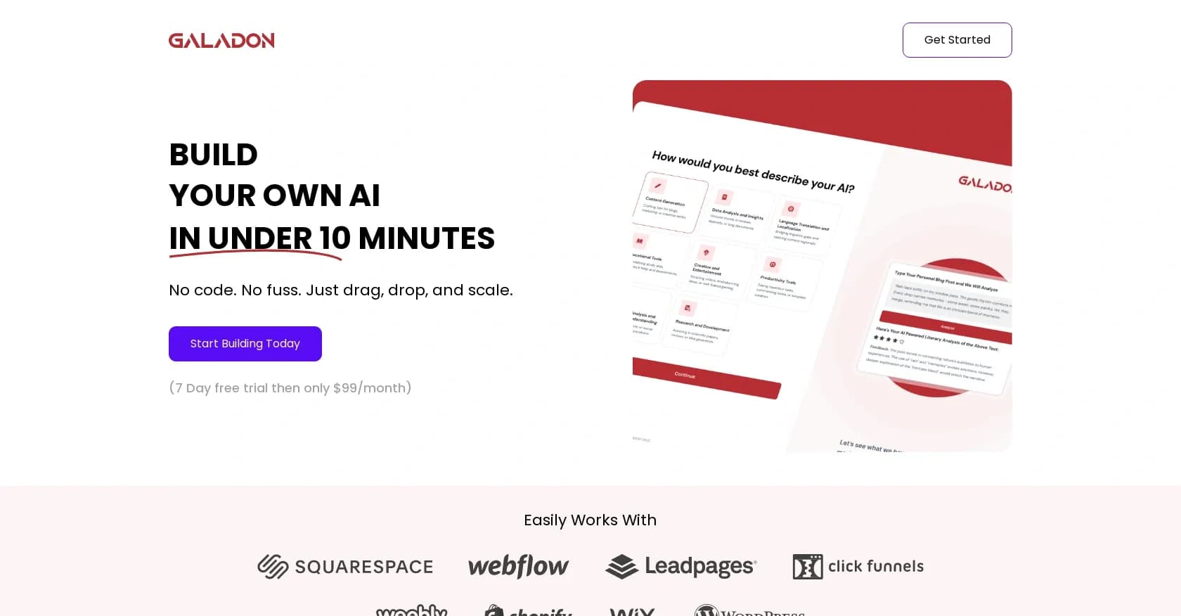 Galadon homepage screenshot — Build your own AI in under 10 minutes