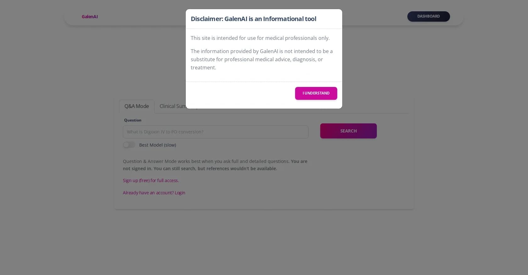 Galenai homepage screenshot — AI search engine for clinicians