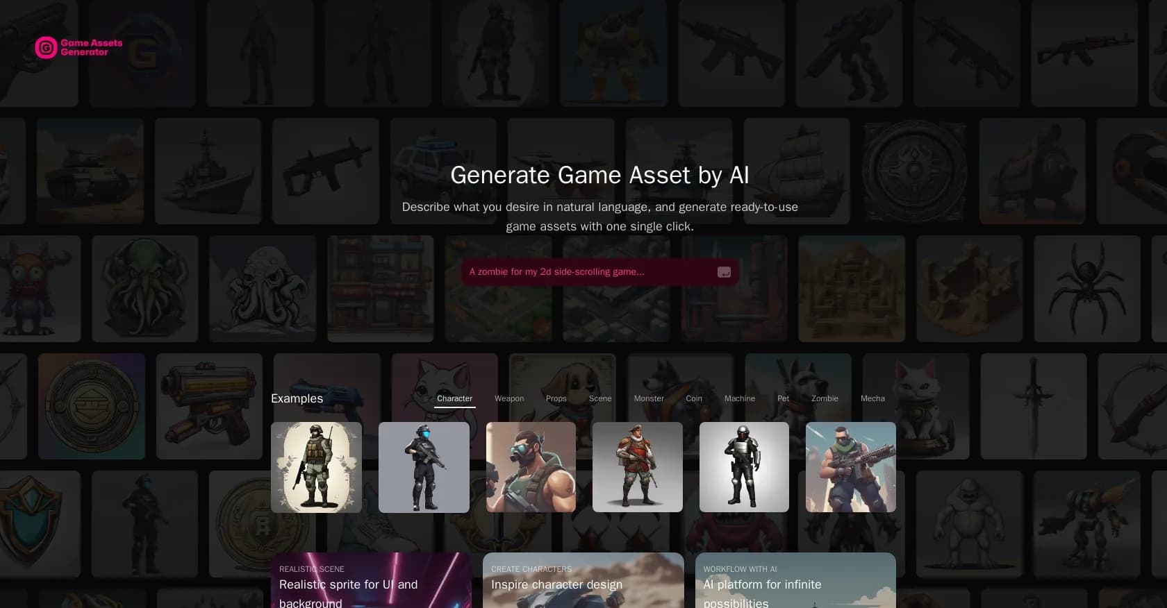 Game-Generator homepage screenshot — Generate game assets with AI in seconds