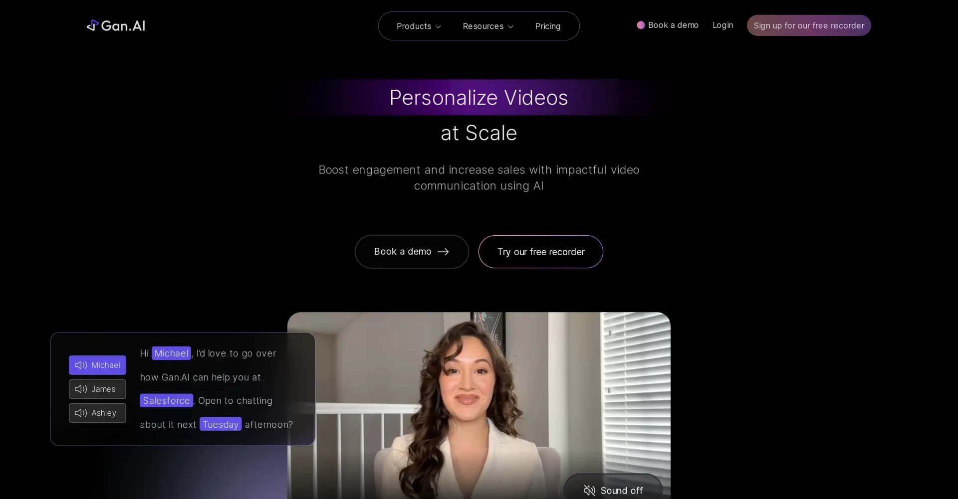 Gan AI homepage screenshot — Create personalized videos at scale for any business touchpo