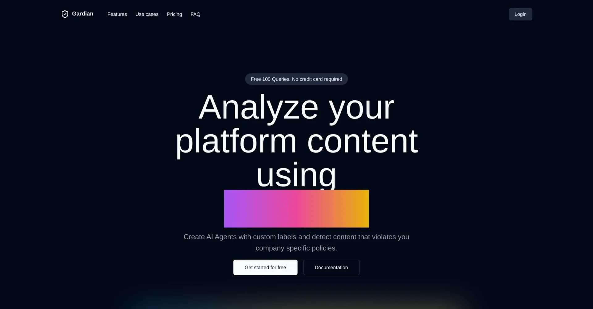 Gardian AI homepage screenshot — Analyze and moderate content with AI agents