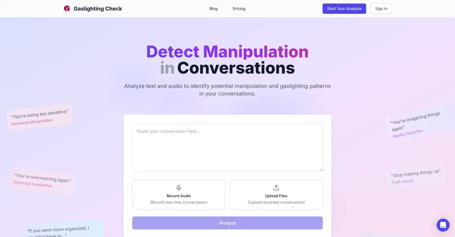 Gaslighting Check homepage screenshot — Detect manipulation in text and conversations.
