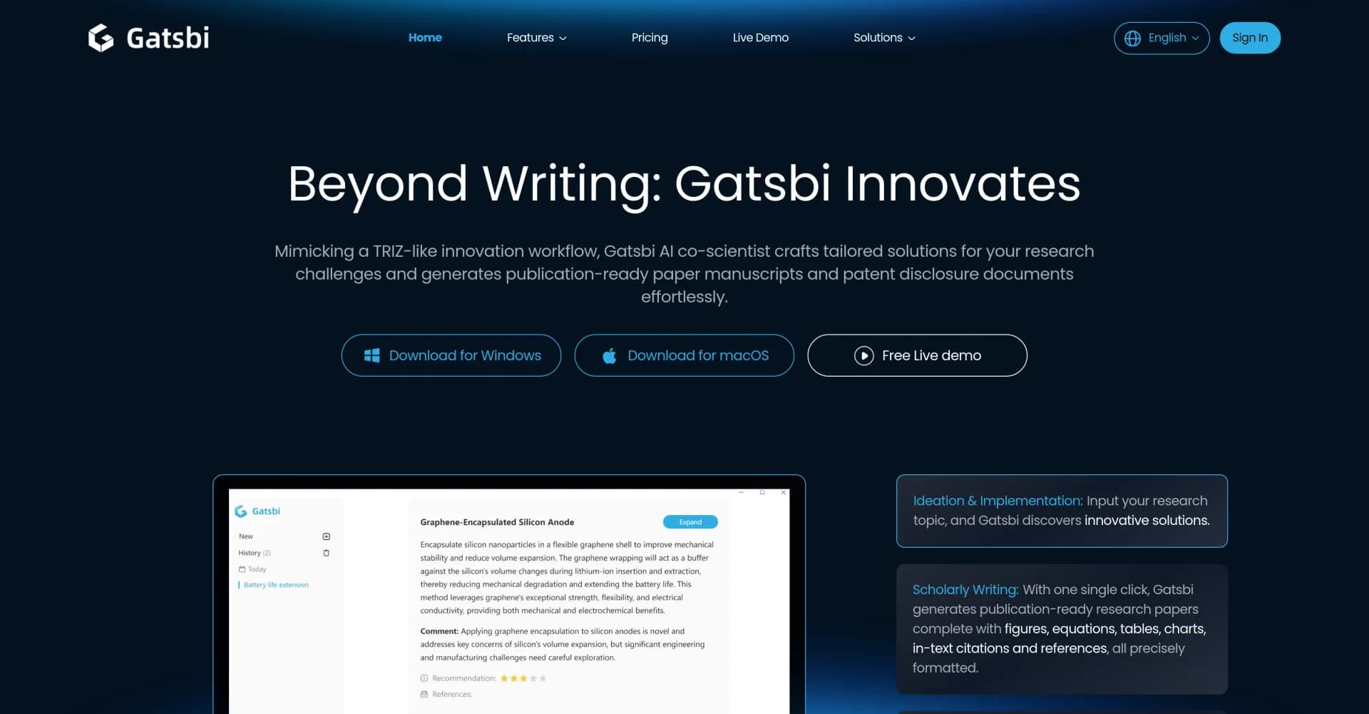 Gatsbi AI homepage screenshot — AI-powered research innovator and paper generator