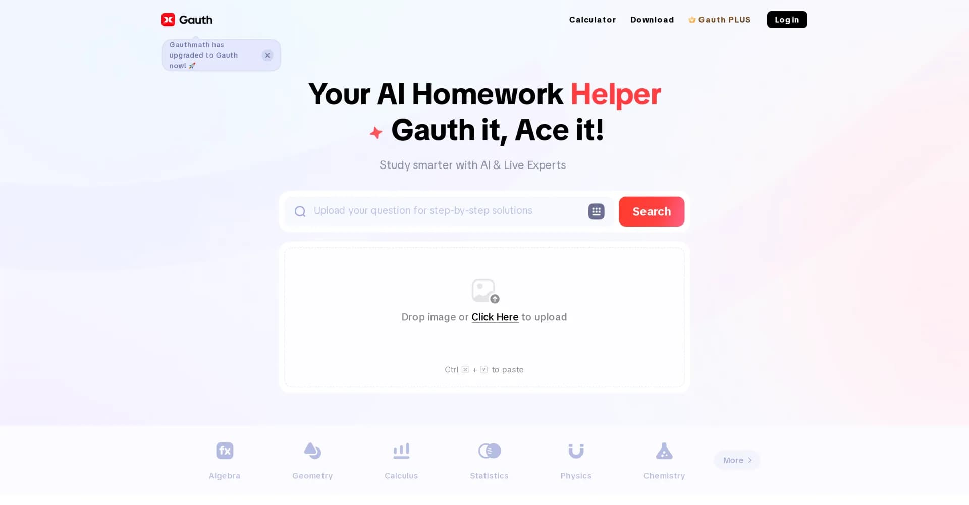 Gauth homepage screenshot — Your AI homework helper for all subjects