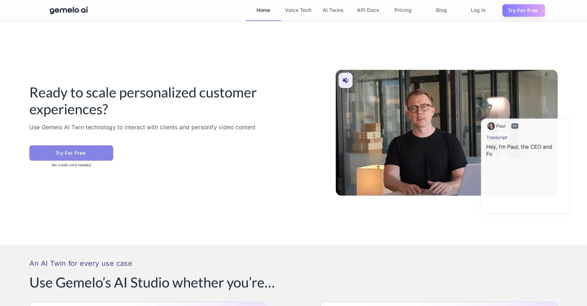 Gemelo AI homepage screenshot — Creates virtual characters & synthetic voices for media.