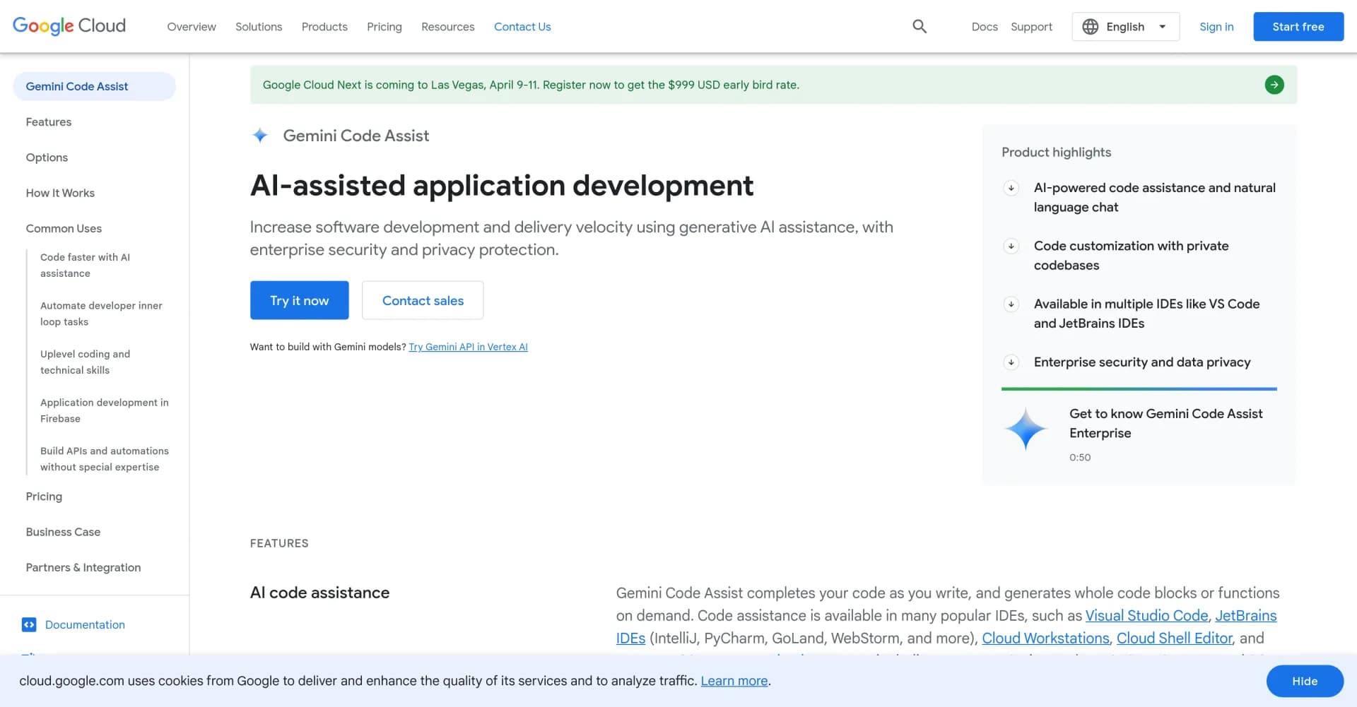 Gemini Code Assist homepage screenshot — Build code faster with AI assistance.