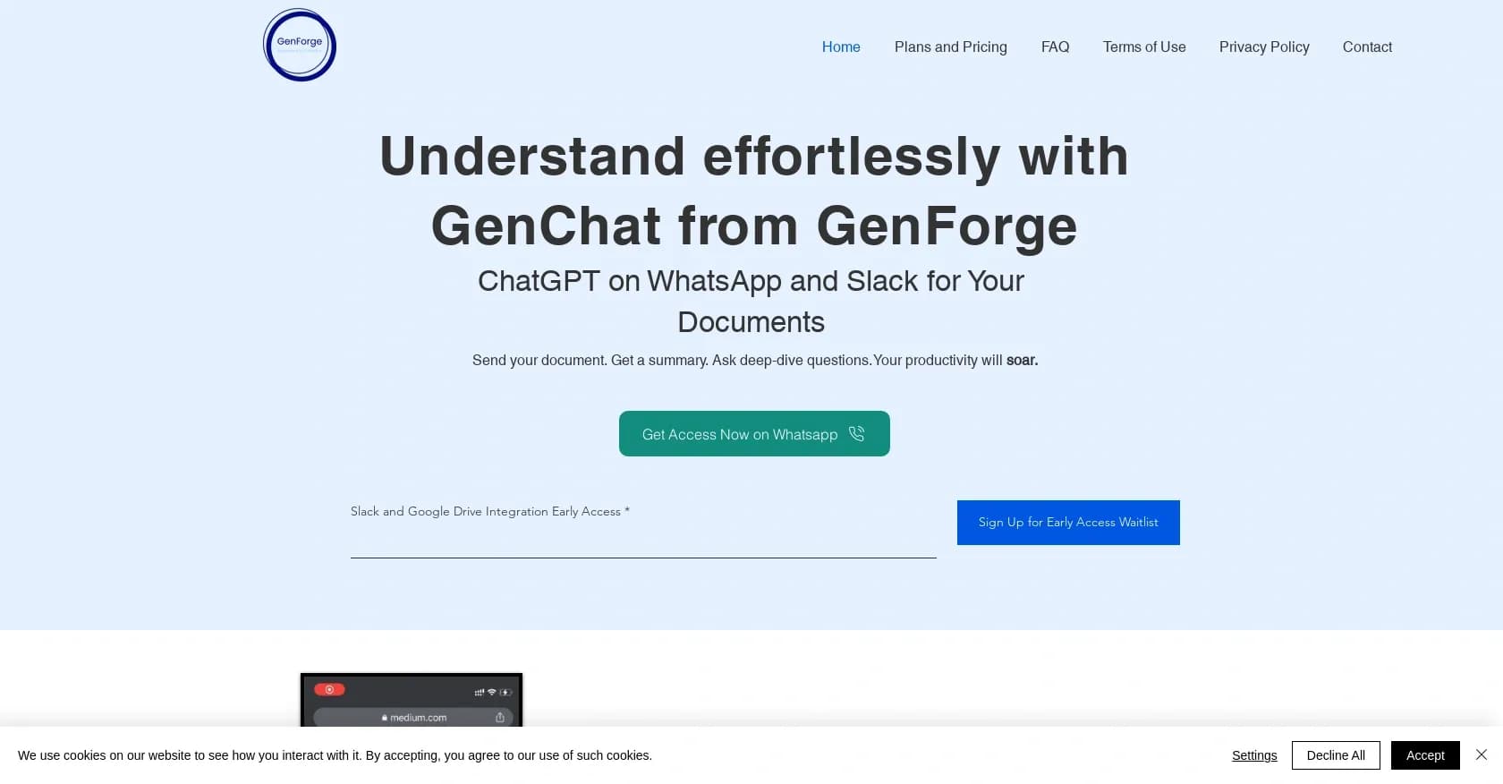 GenChat homepage screenshot — Summarize PDFs and documents with AI chat