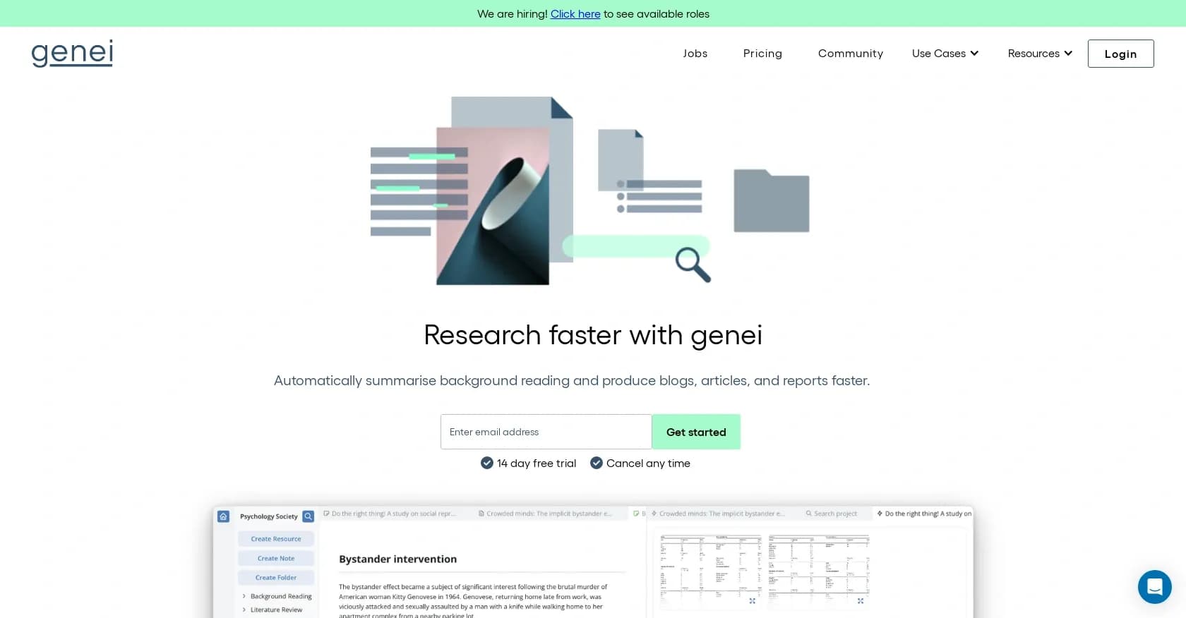 Genei homepage screenshot — AI-powered summarisation for faster research