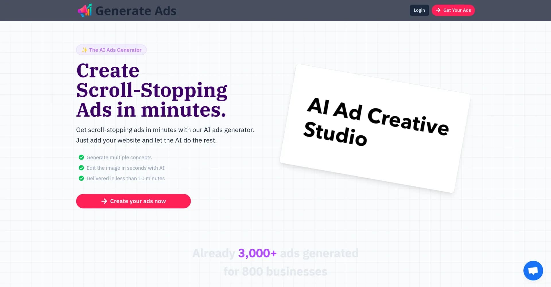 Generate Ads AI homepage screenshot — Create scroll-stopping ads in minutes.
