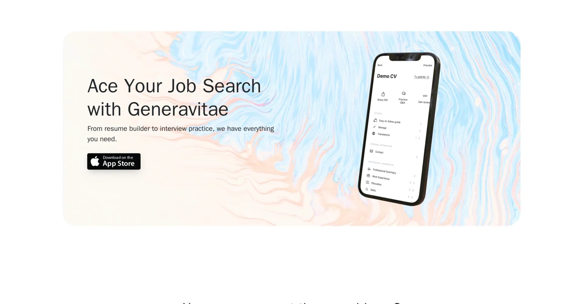 Generavitae homepage screenshot — Ace your job search with AI-powered tools.