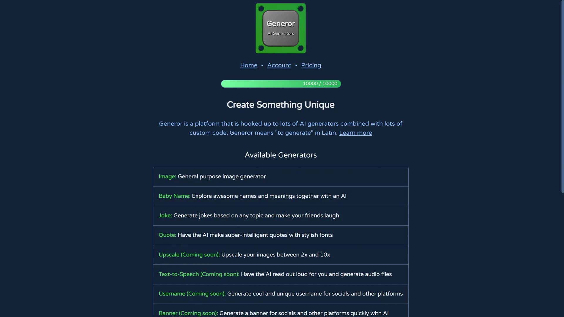 Generor homepage screenshot — Create unique content with AI-powered generators
