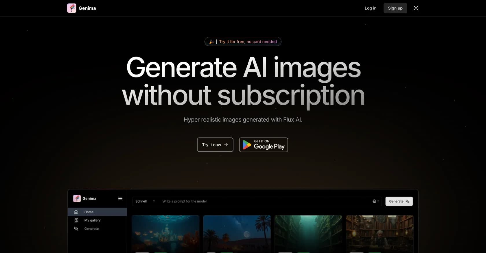 Genima homepage screenshot — Generate hyper-realistic AI images without subscription