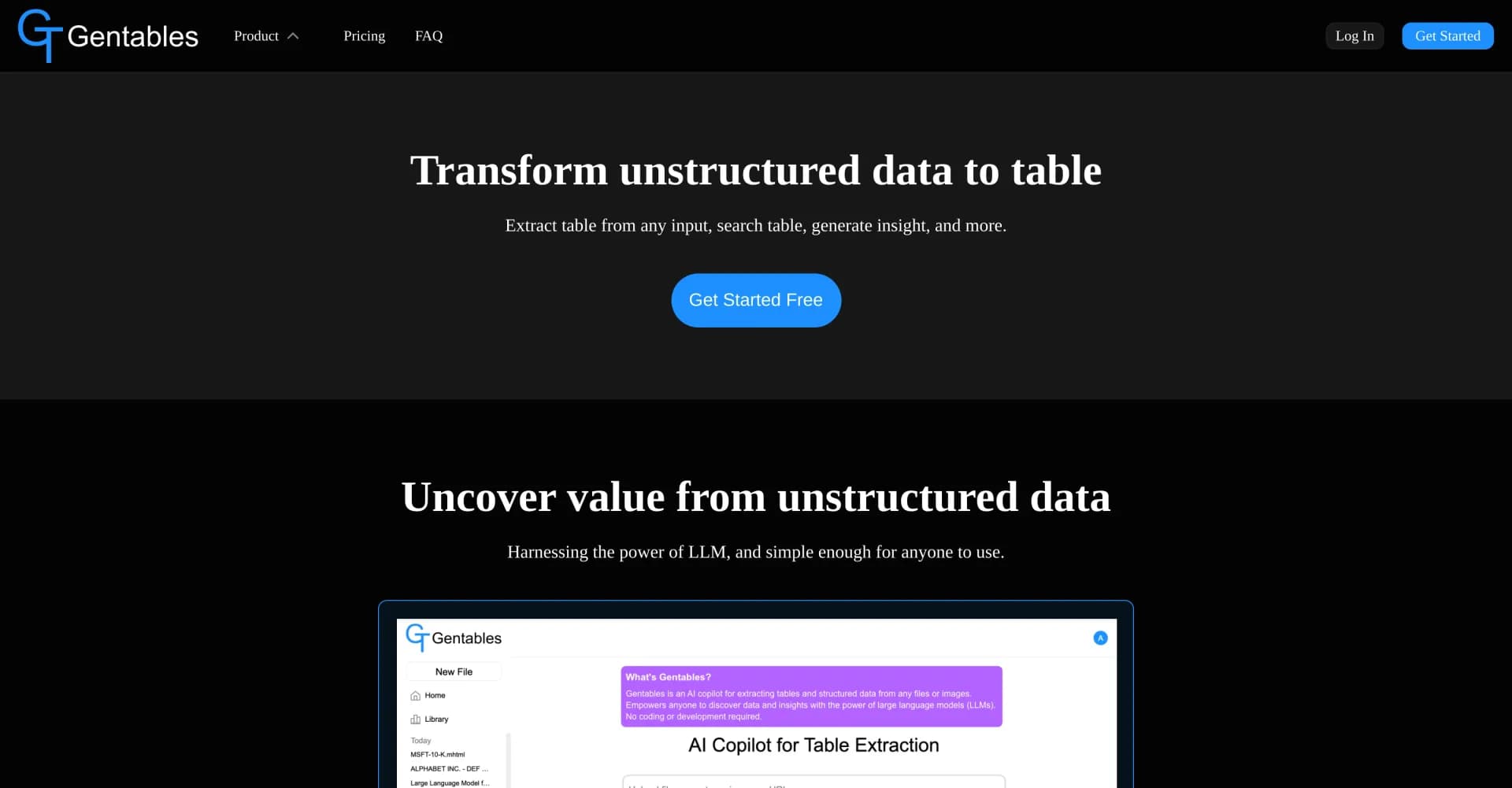 Gentables homepage screenshot — Transform unstructured data into organized tables.