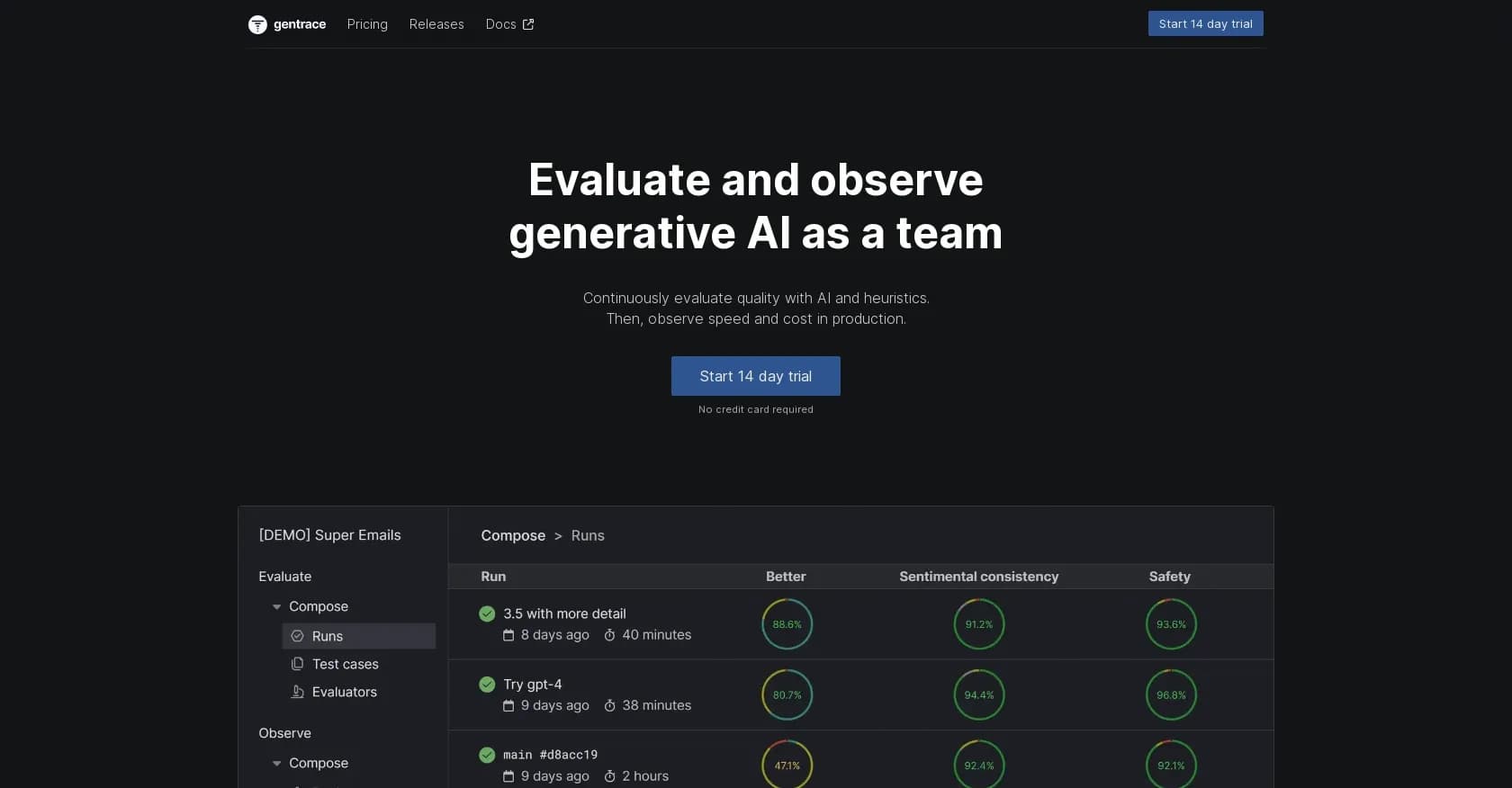 Gentrace homepage screenshot — Evaluate and improve AI performance in real-time.
