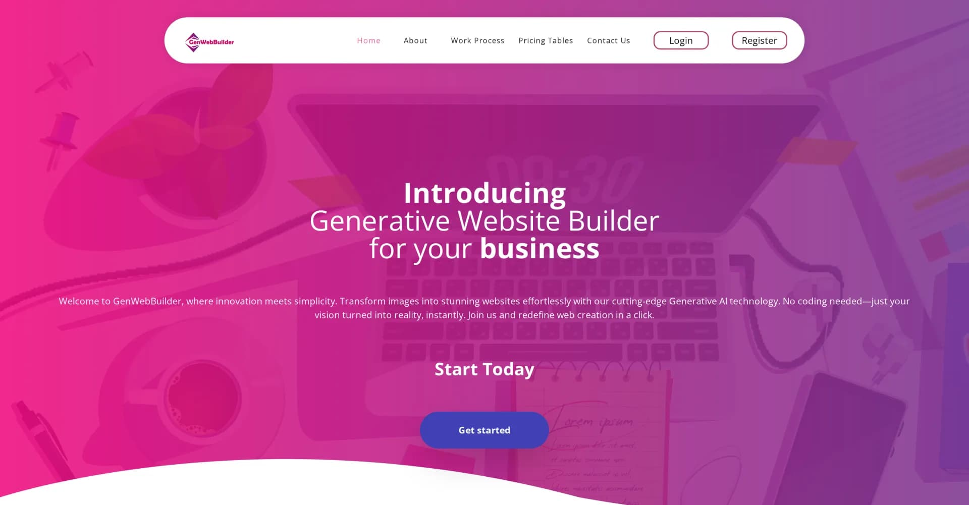 GenWebBuilder homepage screenshot — Transform images into stunning websites instantly.