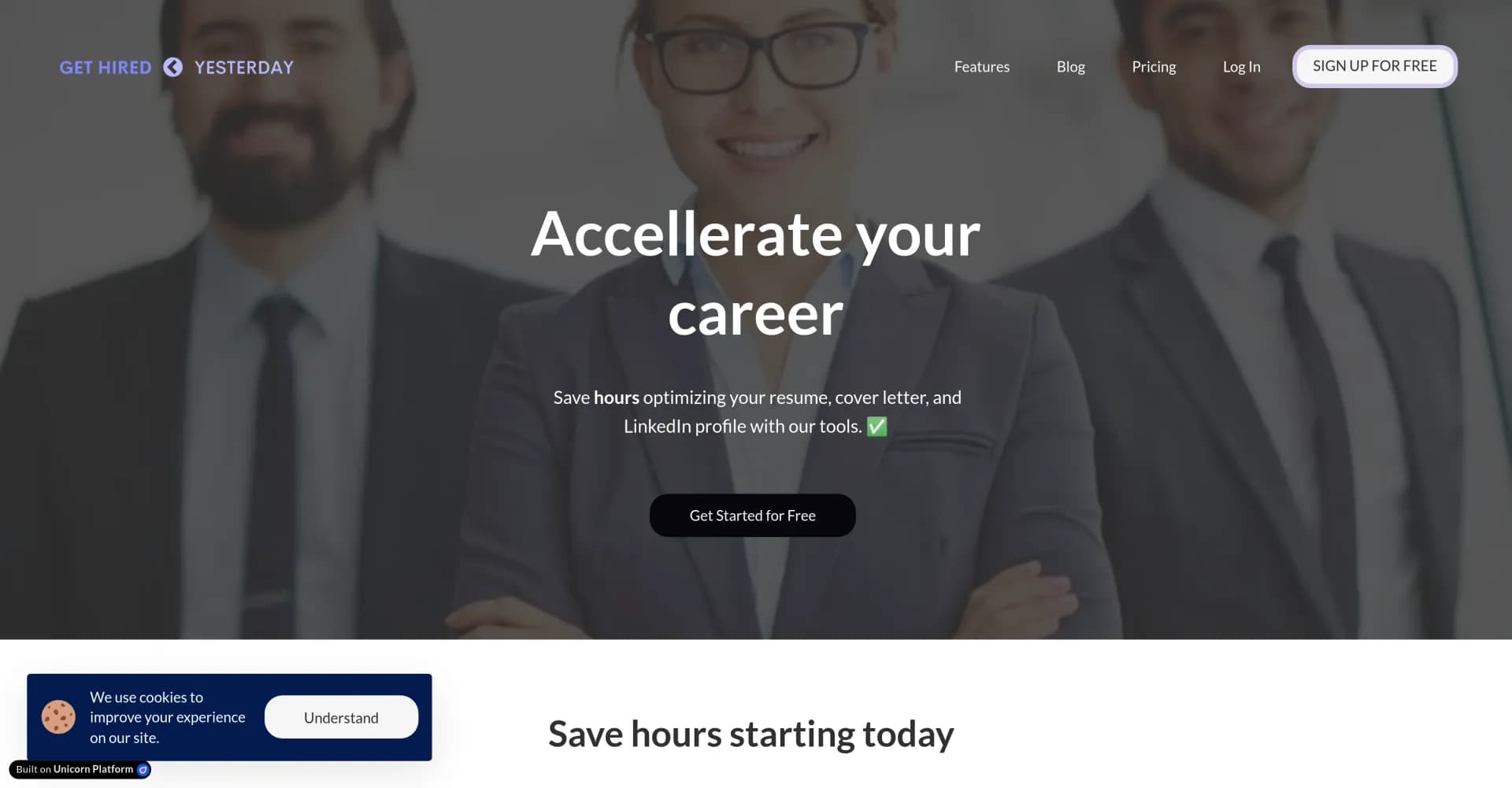 Get Hired Yesterday homepage screenshot — Optimize your job hunt in minutes, not hours.