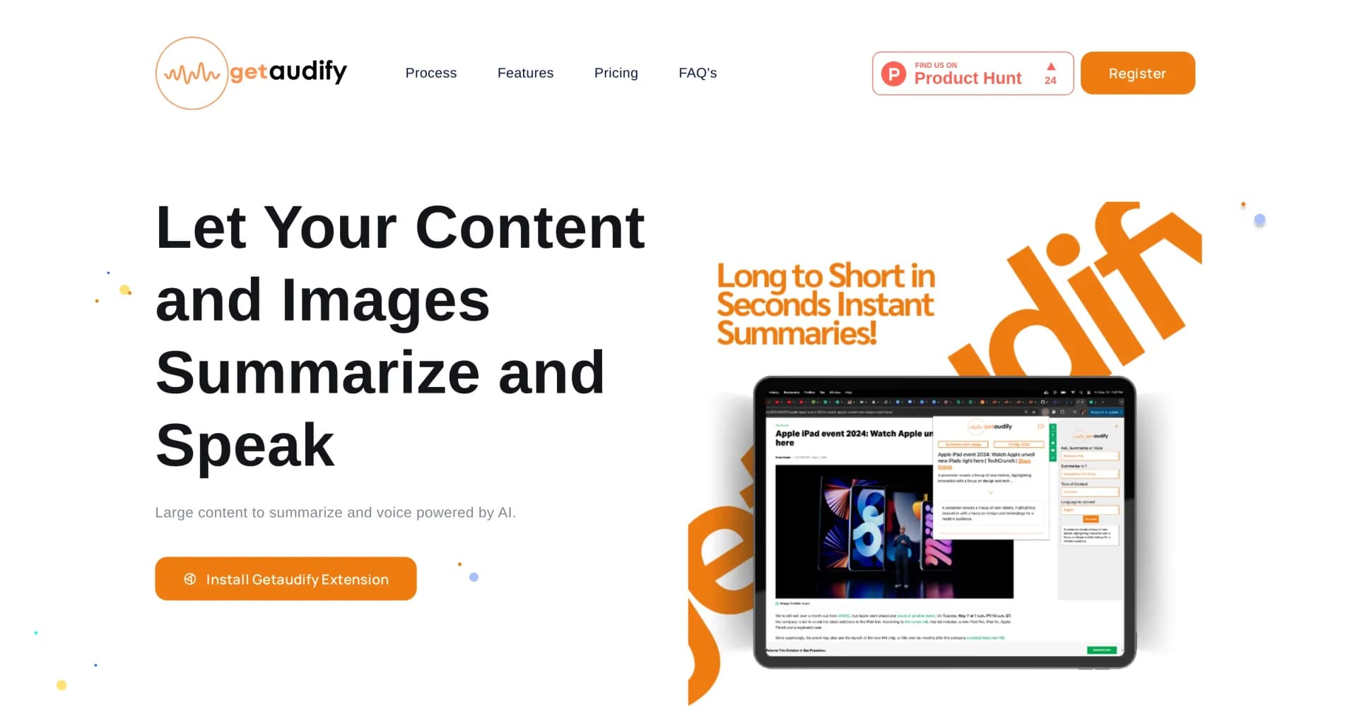 GetAudify homepage screenshot — Turn content and images into summaries and audio with AI.
