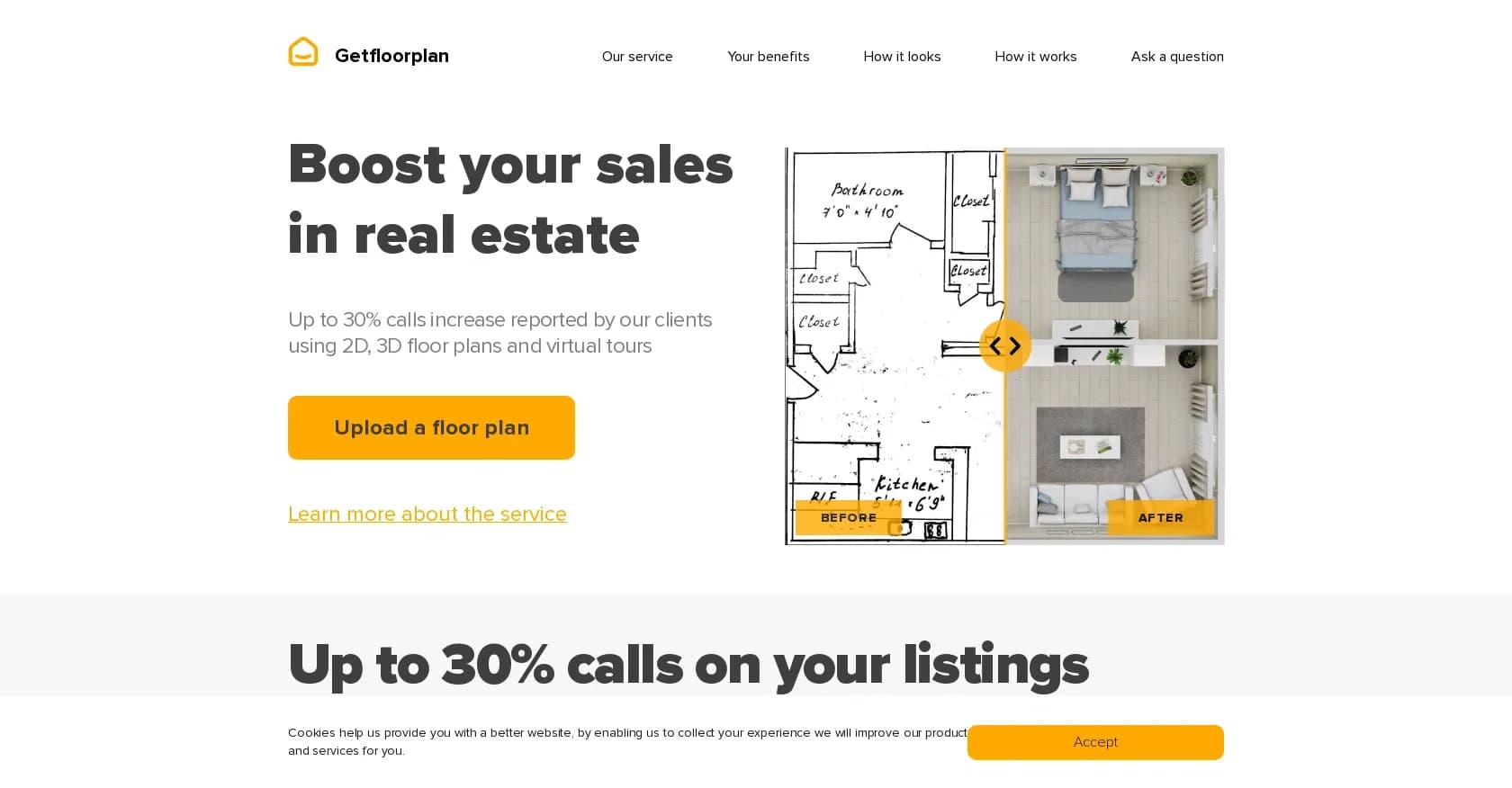 Getfloorplan homepage screenshot — Turn floor plans into 3D renderings and virtual tours