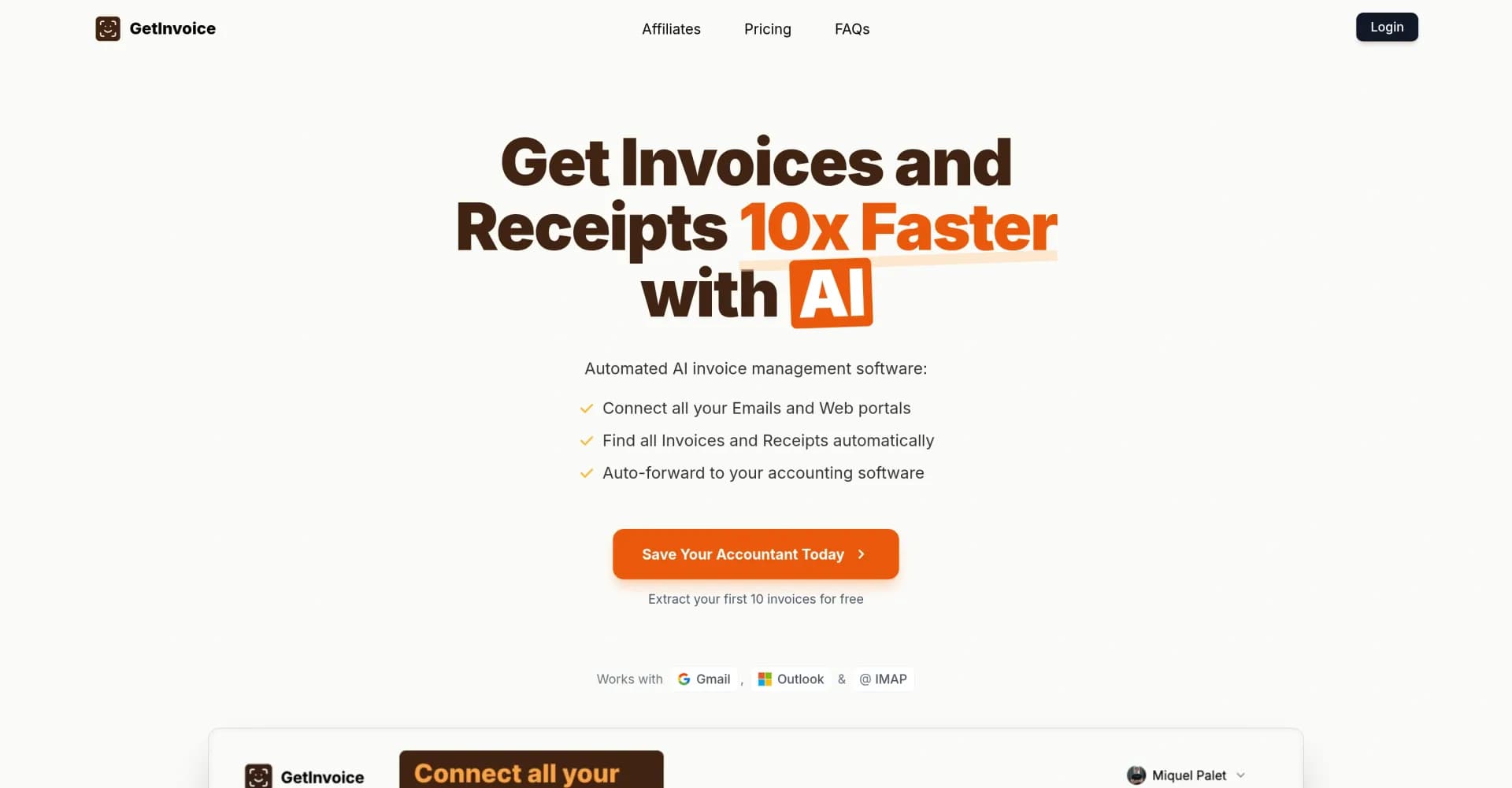 GetInvoice homepage screenshot — AI-powered invoice extraction, 10x faster.