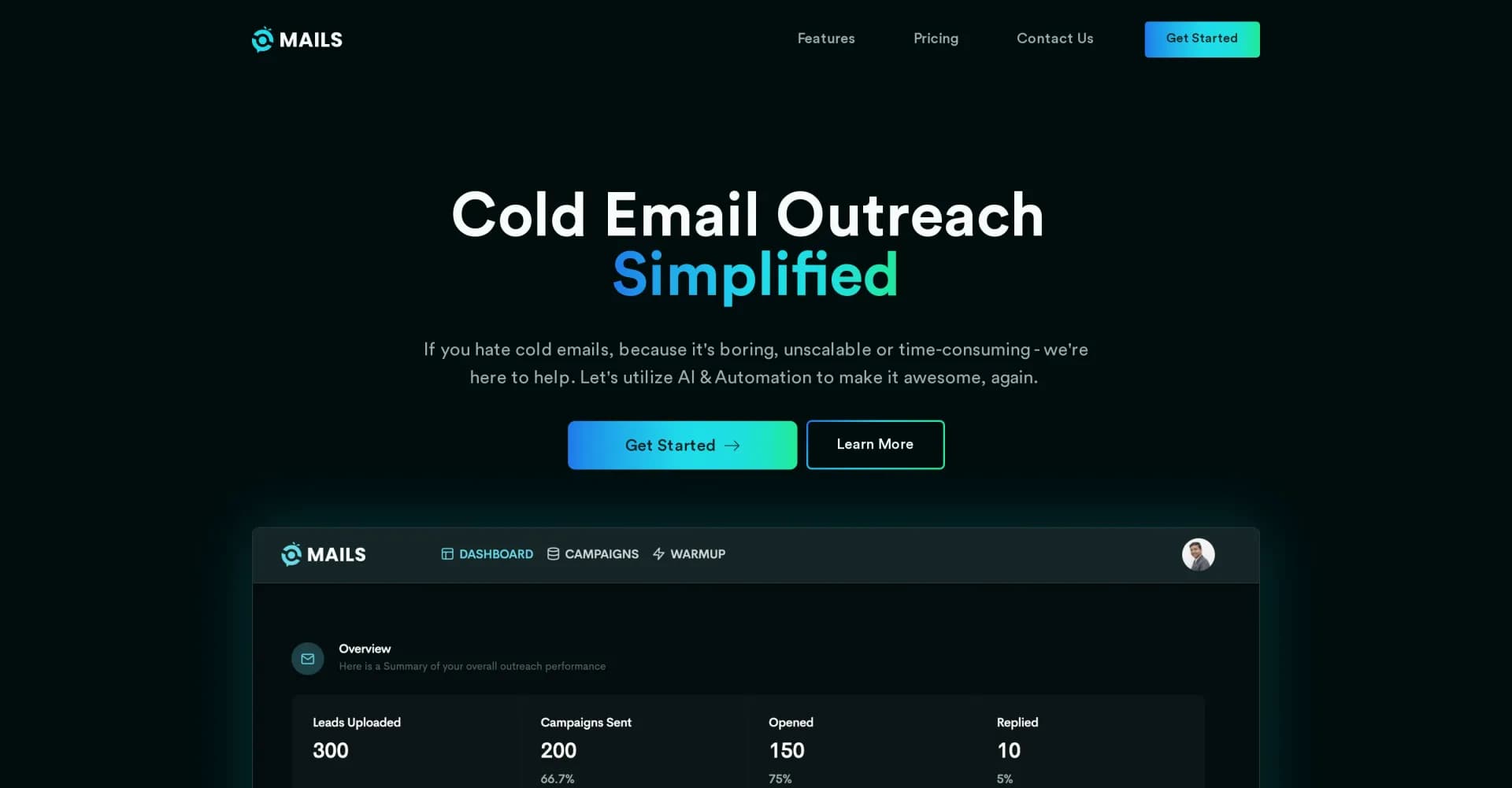 GetMails homepage screenshot — Revolutionize cold emails with AI and automation.