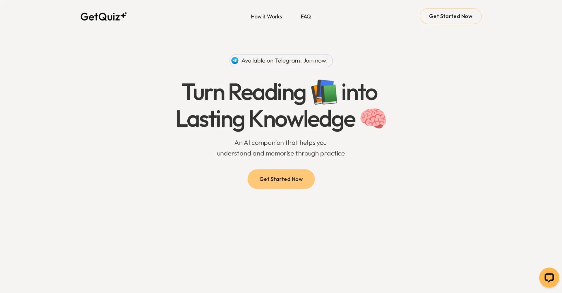 GetQuiz homepage screenshot — Turn reading into lasting knowledge with AI quizzes.