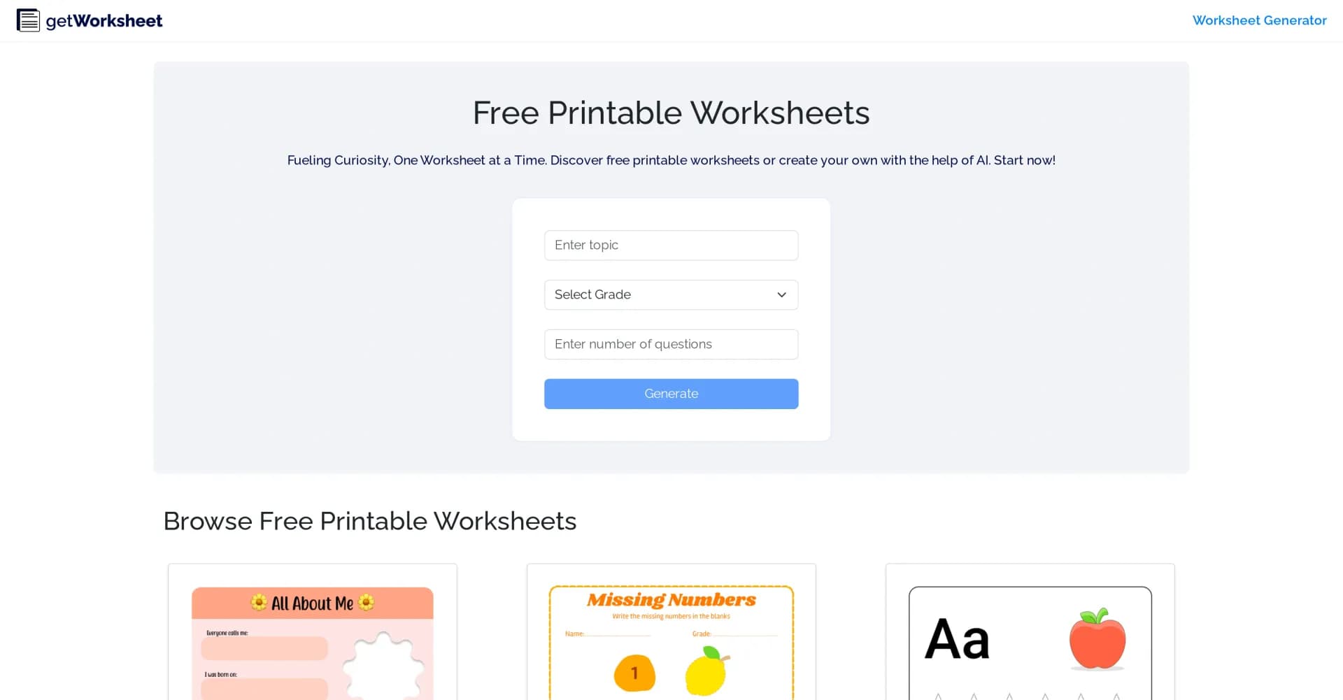 GetWorkSheet homepage screenshot — Fuel curiosity with AI-powered worksheets.