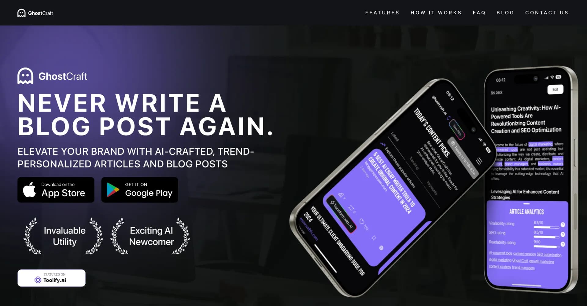 Ghost Craft homepage screenshot — AI-crafted, trend-personalized blog posts for your brand.