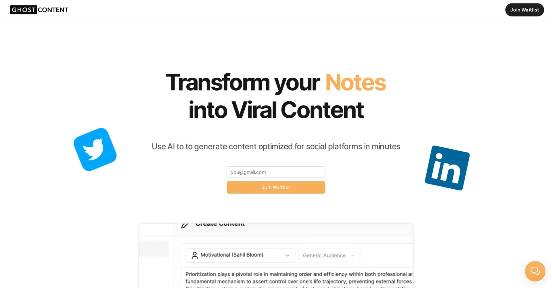 GhostContent homepage screenshot — Transform meetings into viral social content with AI