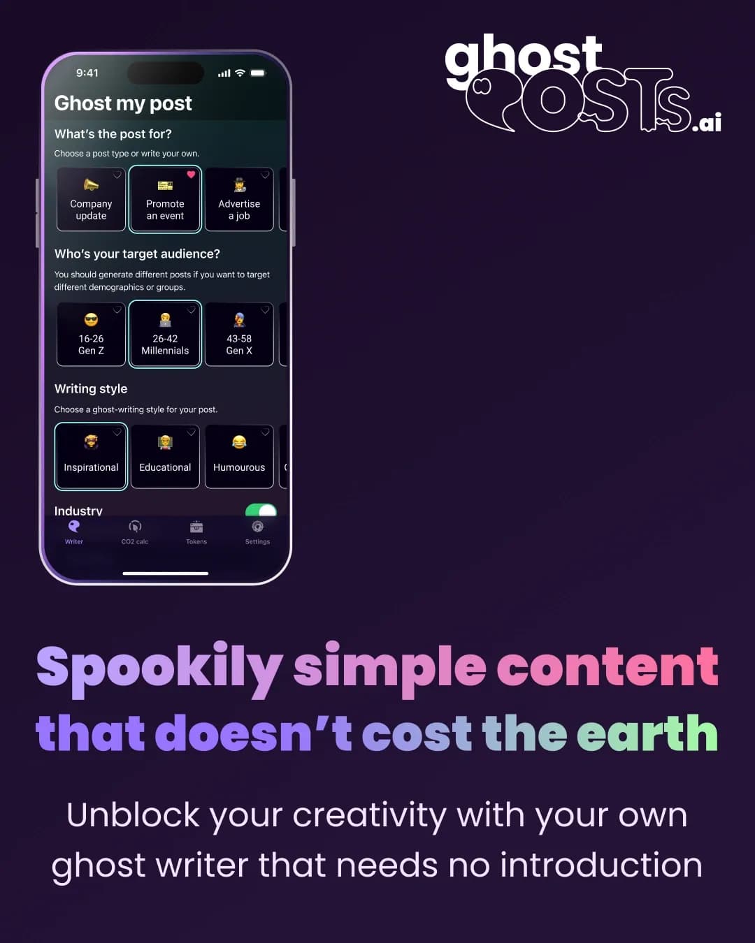 👻 GhostPosts.ai homepage screenshot — Spookily Simple, AI Powered Writing.