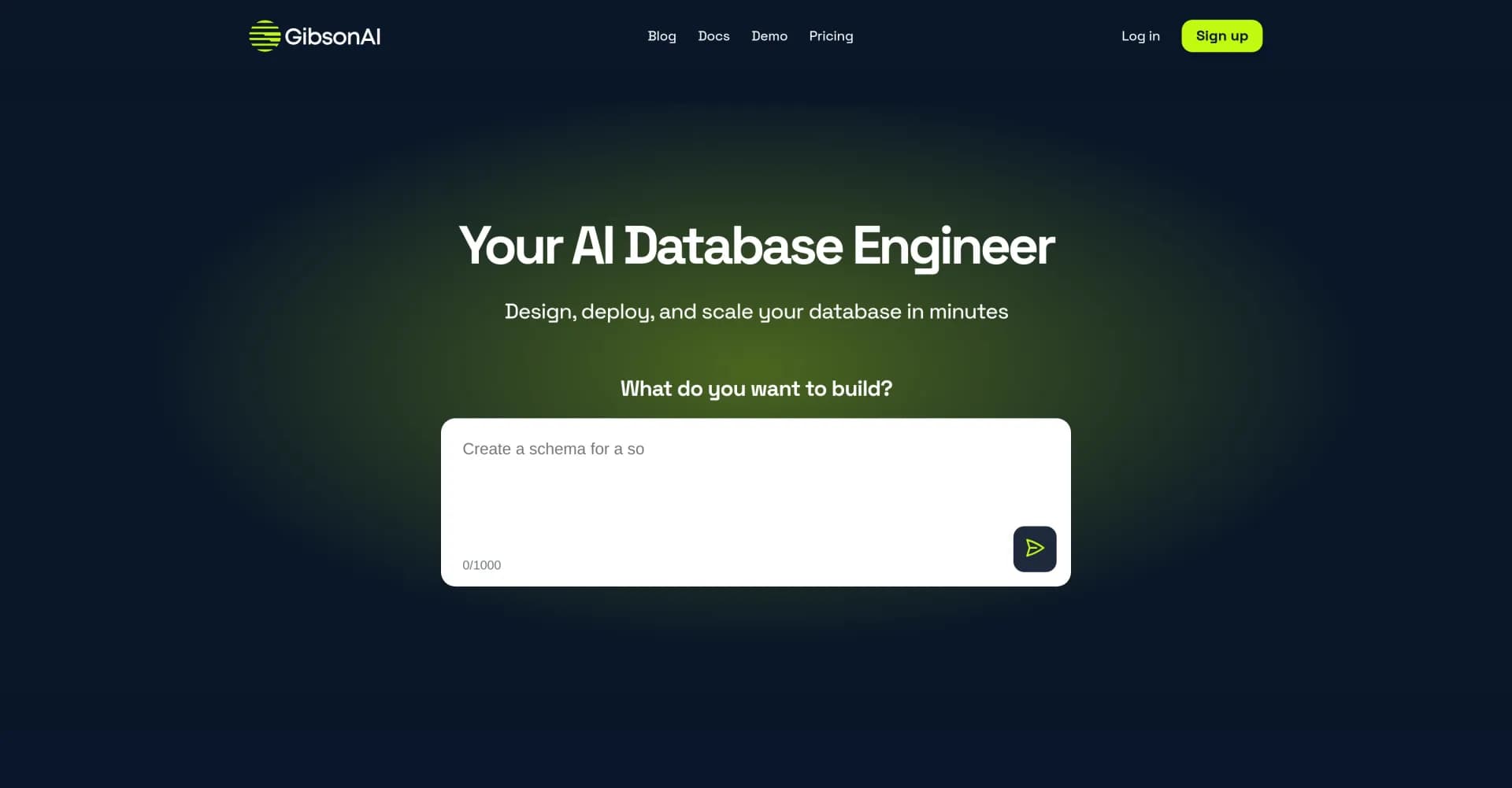 GibsonAI homepage screenshot — AI database engineer: Design, deploy, scale in minutes.