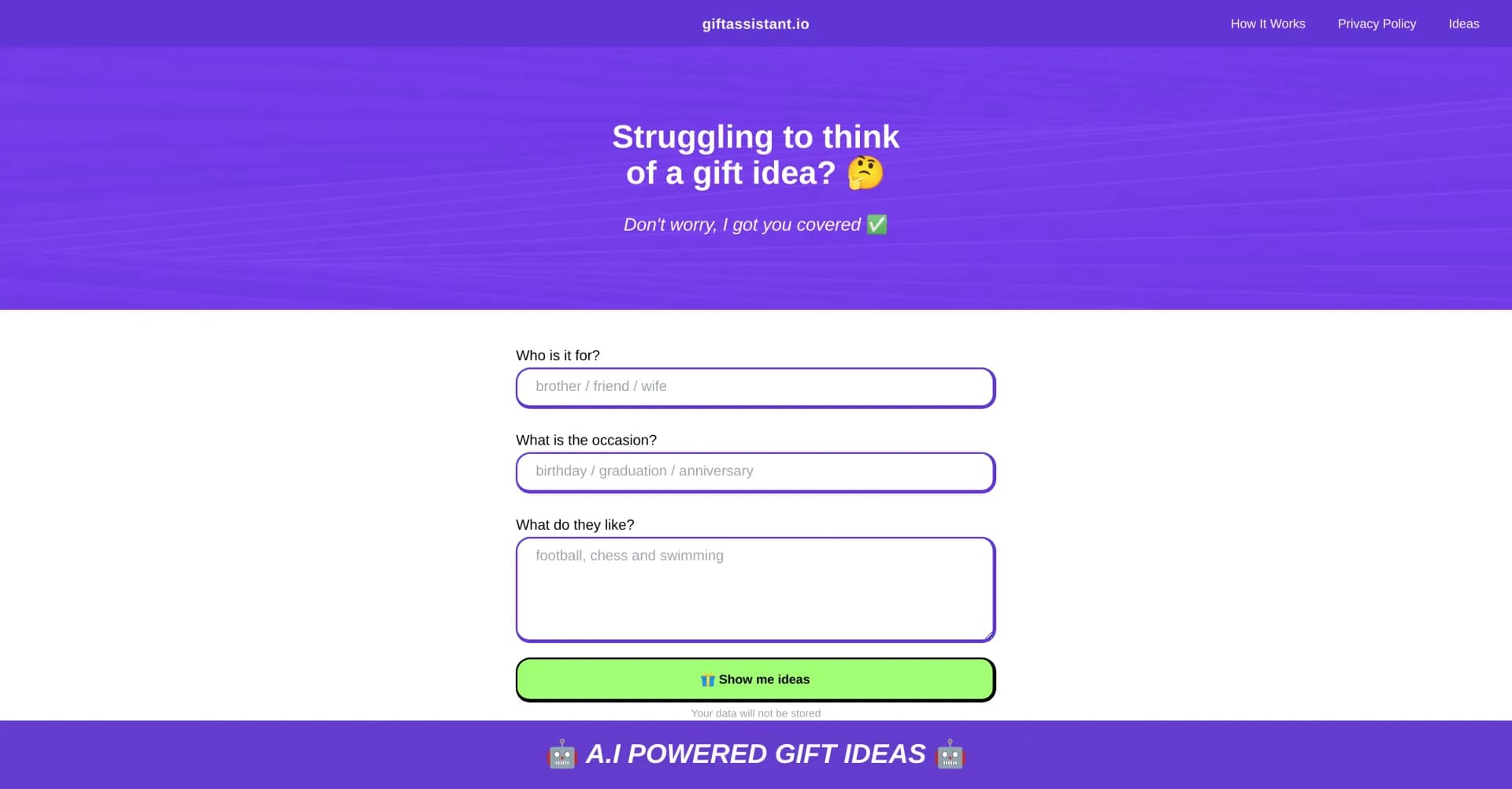 Giftassistant homepage screenshot — AI-powered gift ideas in seconds, effortlessly.