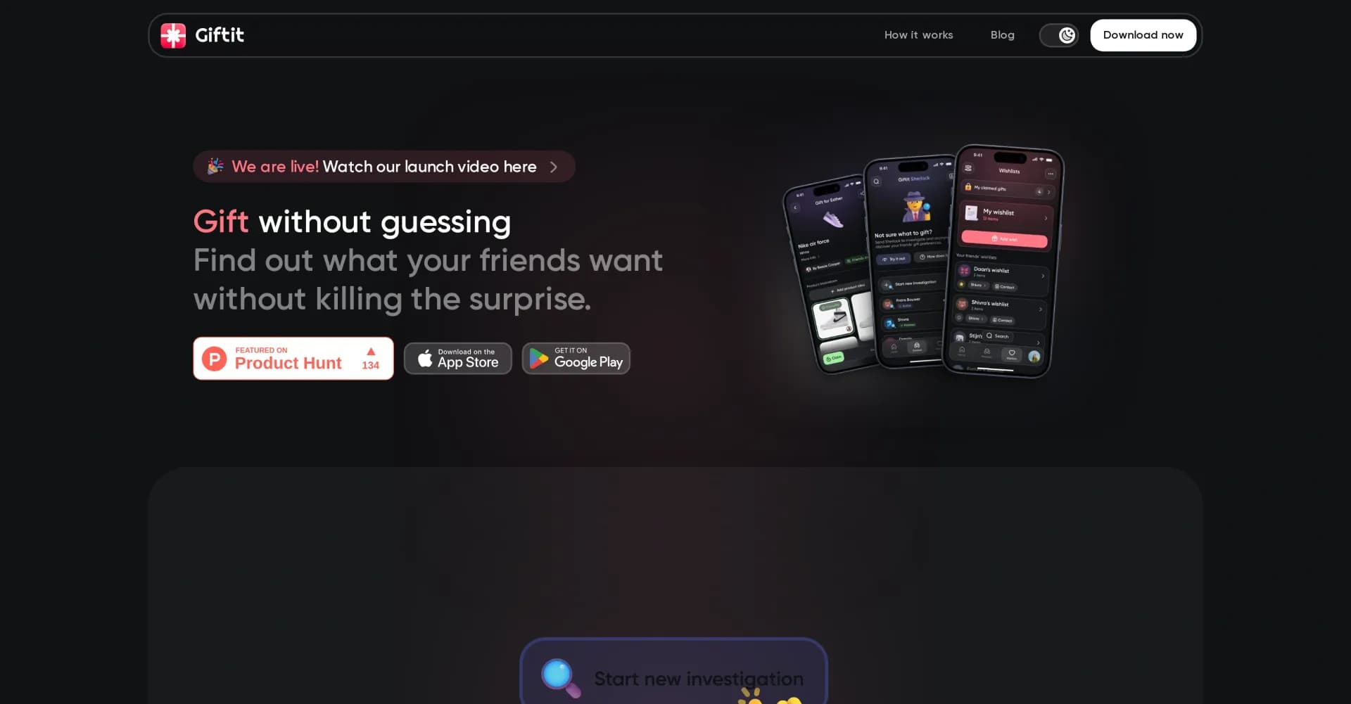 Giftit homepage screenshot — Gift without guessing - find perfect presents anonymously.