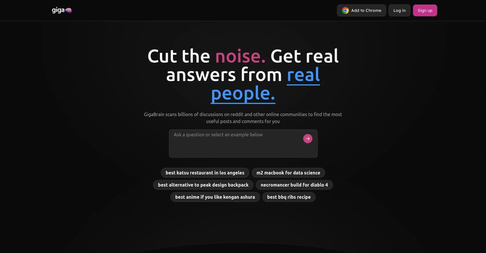 Giga Brain homepage screenshot — Get real answers from real people.