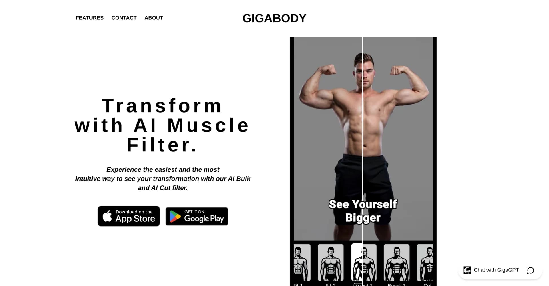 GigaBody AI Muscle Filter homepage screenshot — Transform your body with AI Muscle Filter.