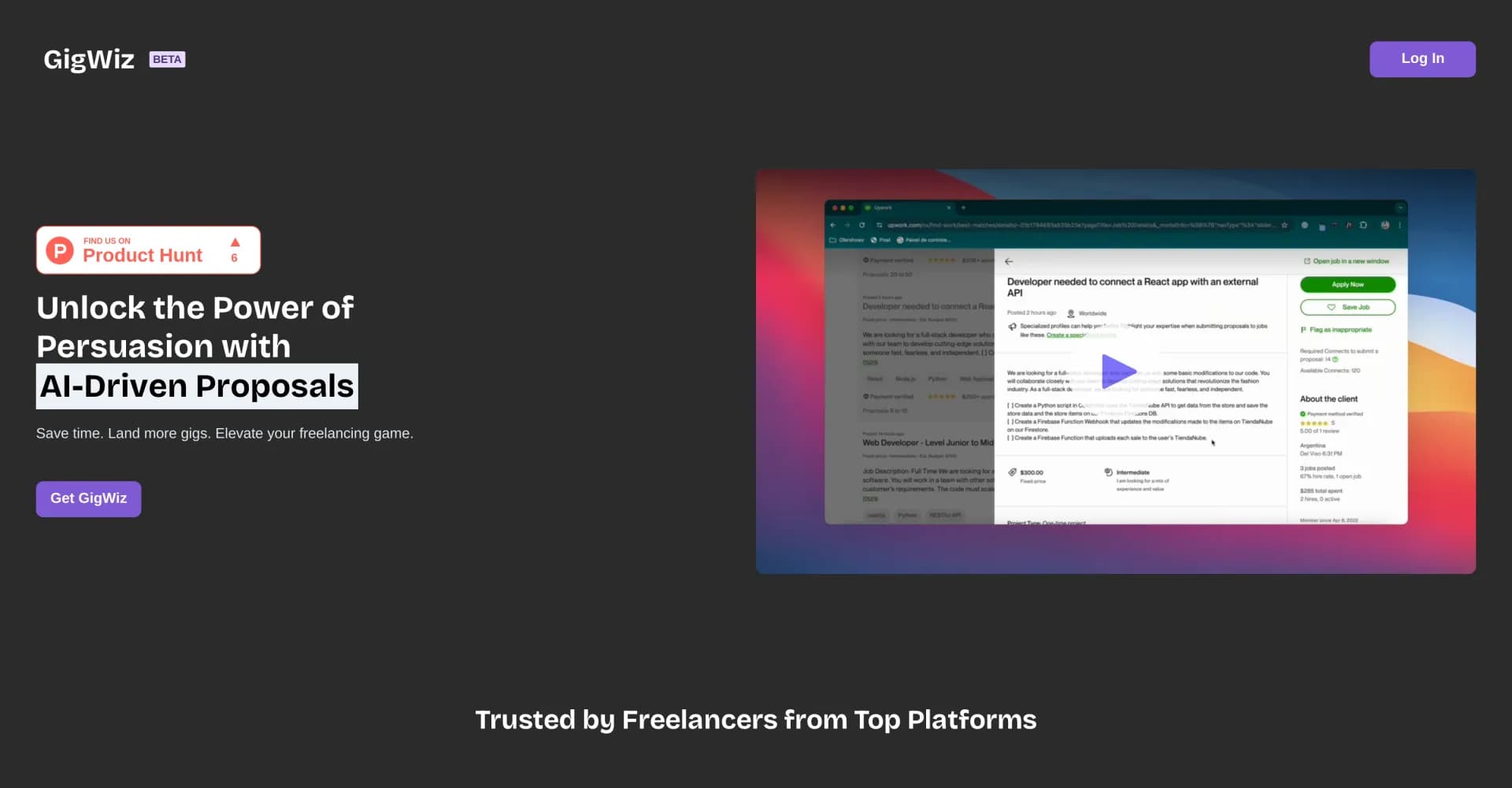 GigWiz homepage screenshot — AI-powered proposals that persuade