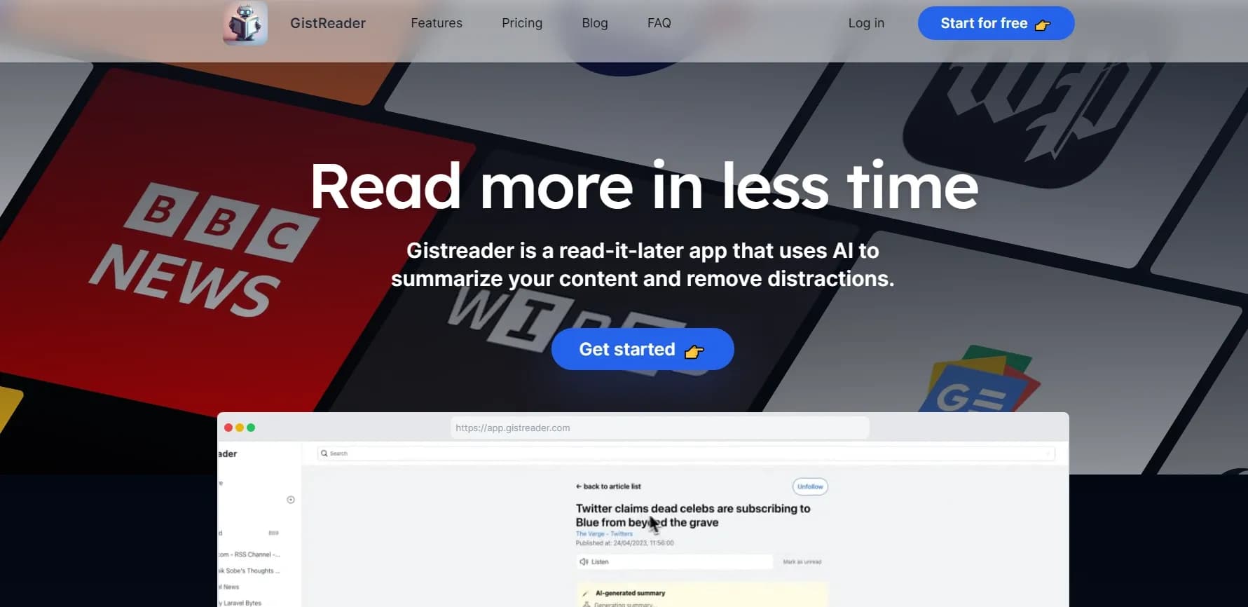 GistReader homepage screenshot — AI-enhanced RSS reading without distraction.