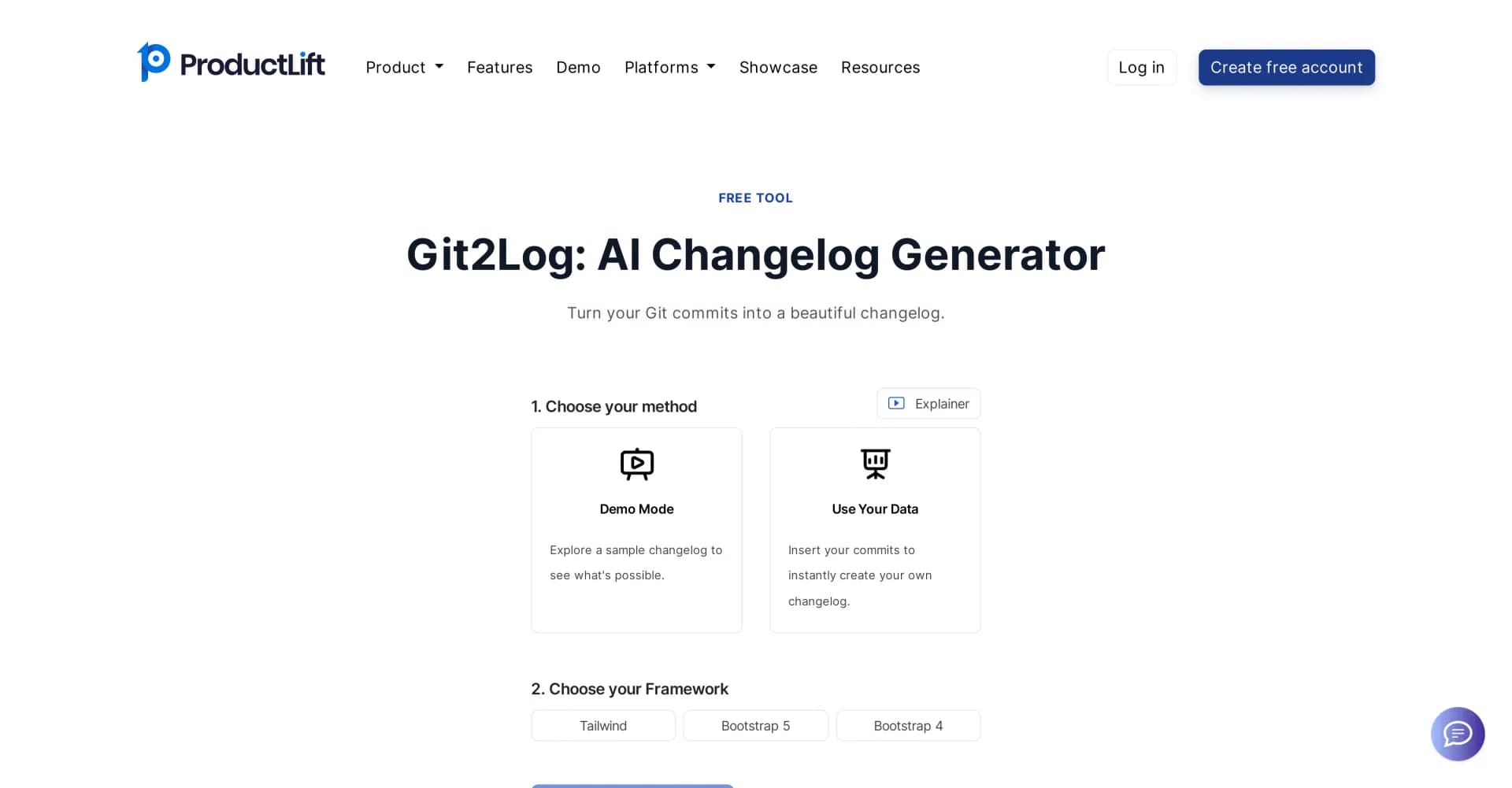 Git2Log homepage screenshot — Turn git commits into beautiful changelogs.