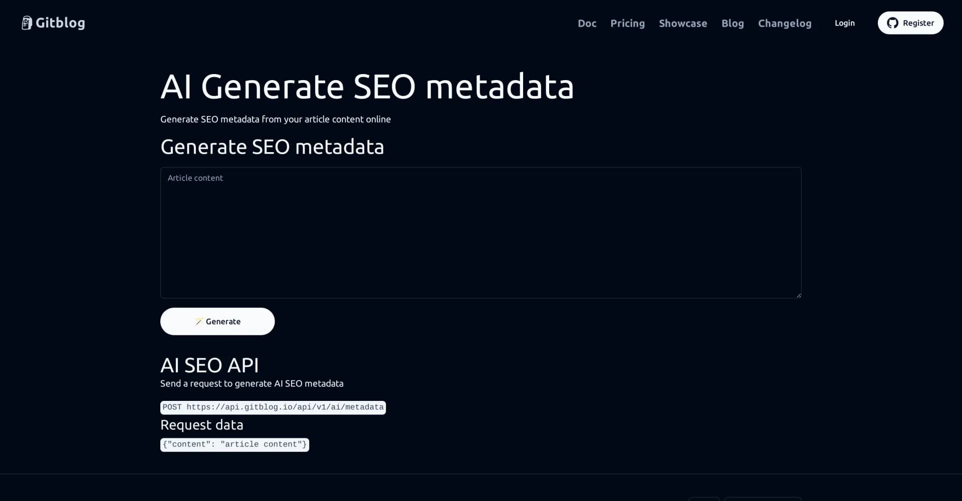 GitBlog homepage screenshot — Generate SEO metadata from your content instantly