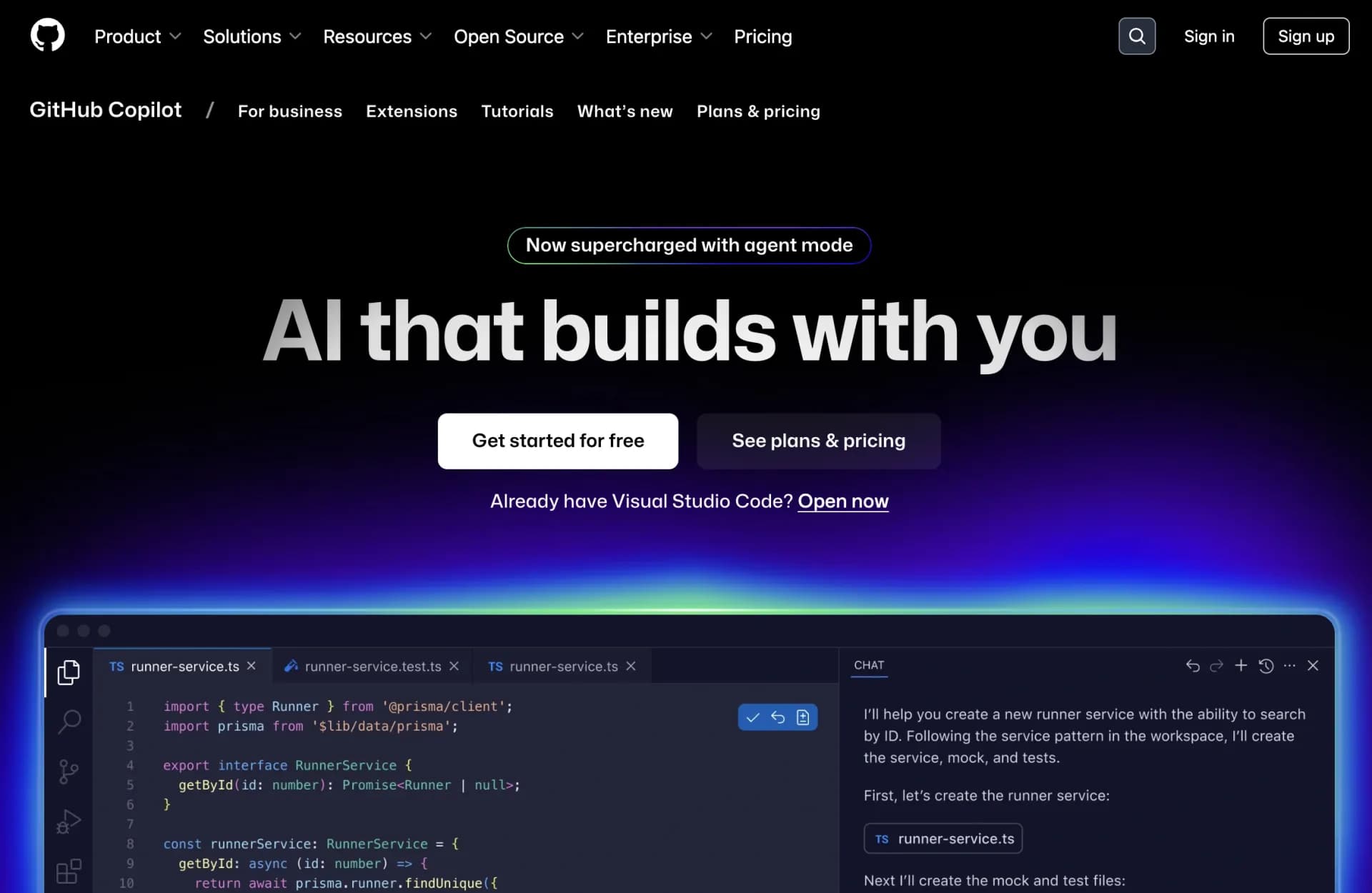 Github Copilot homepage screenshot — AI-powered coding assistant for faster development