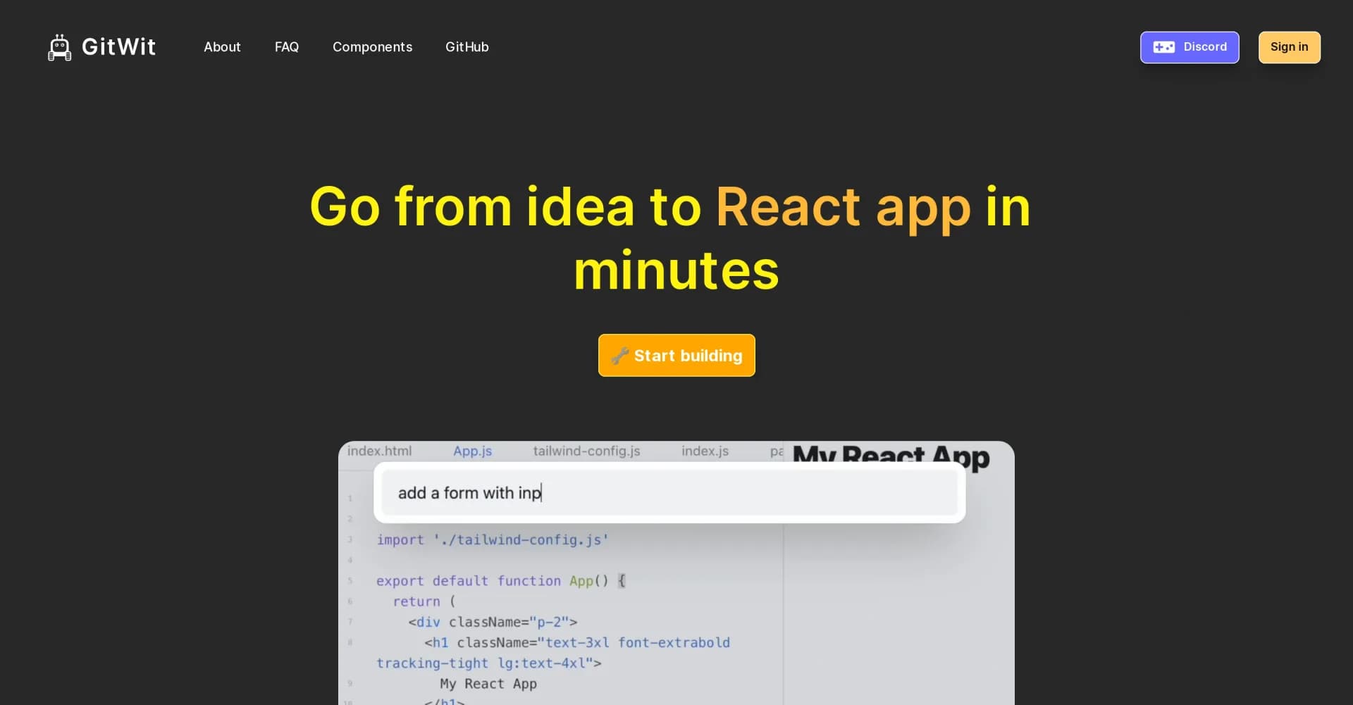 Gitwit homepage screenshot — Create code from natural language prompts.