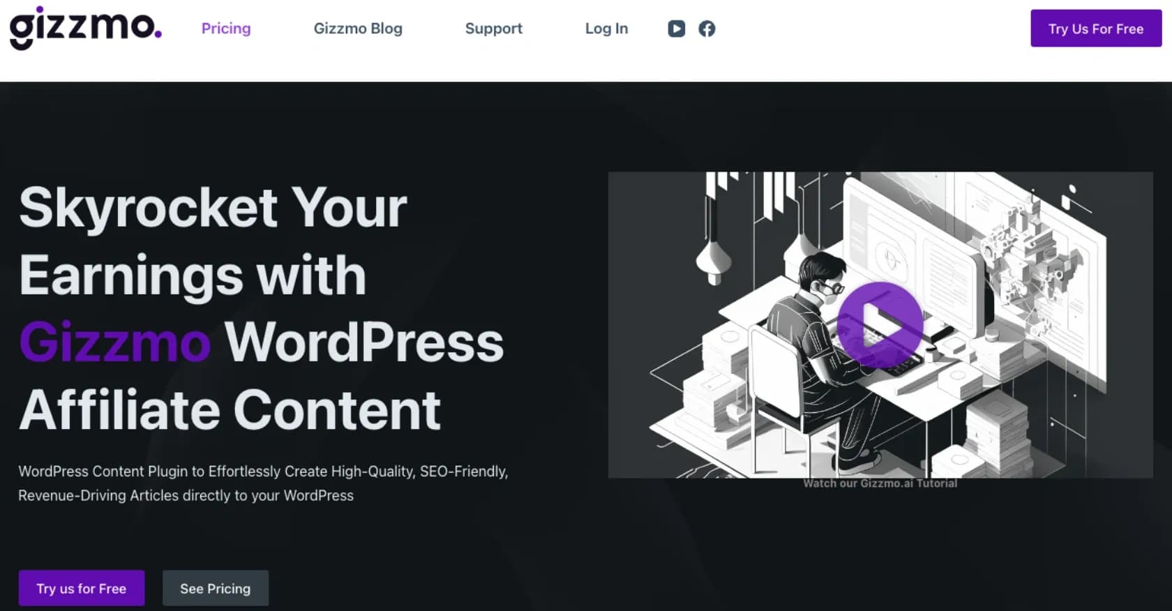 Gizzmo homepage screenshot — WordPress content creation and optimization for SEO.
