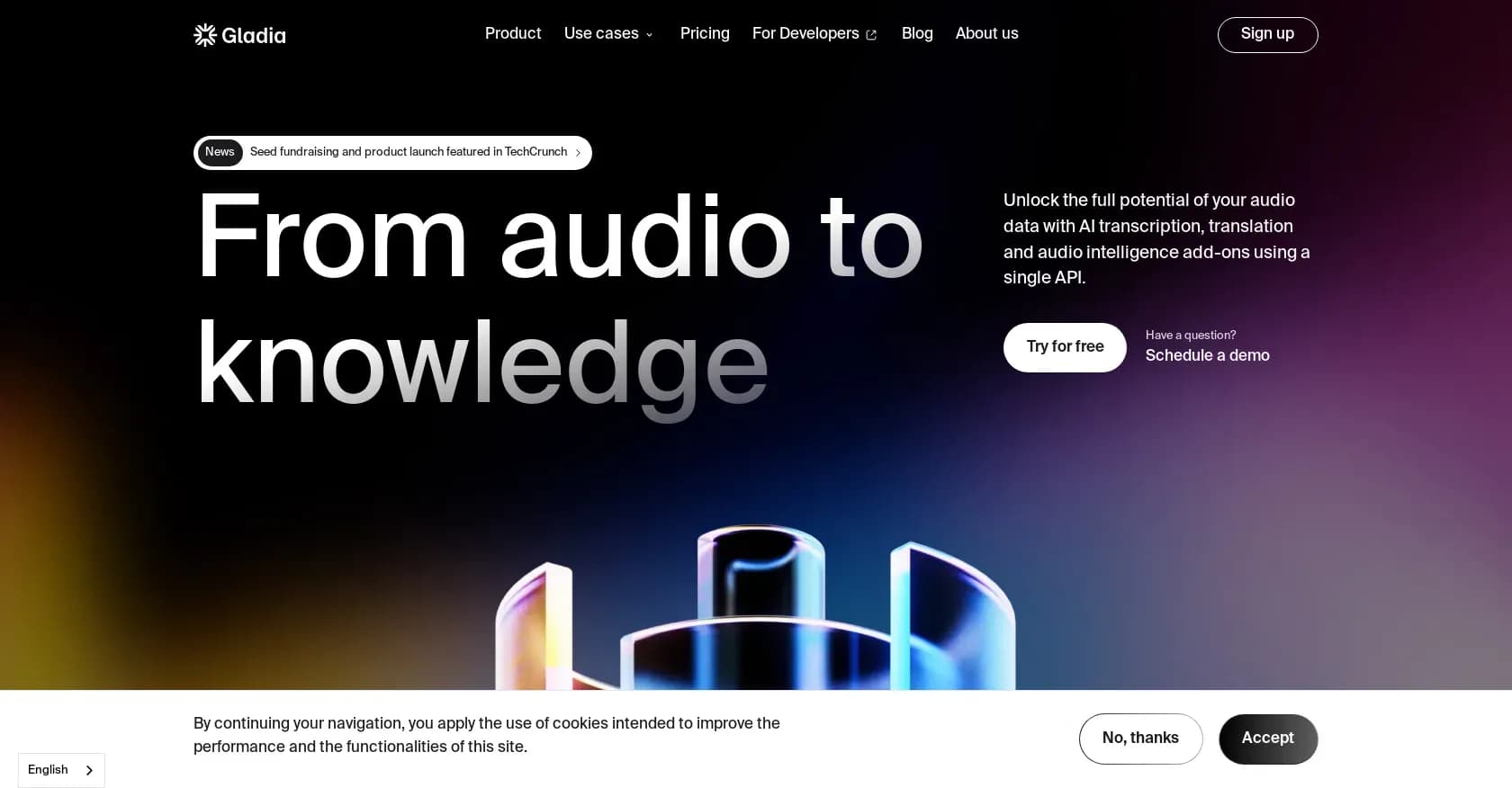 Gladia homepage screenshot — Simplify advanced AI models to unlock your data's full poten