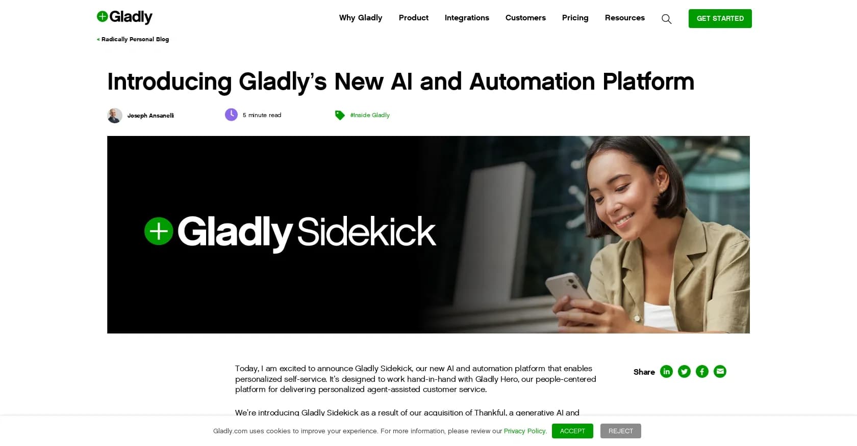 Gladly Sidekick homepage screenshot — Transform your customer service with AI and automation