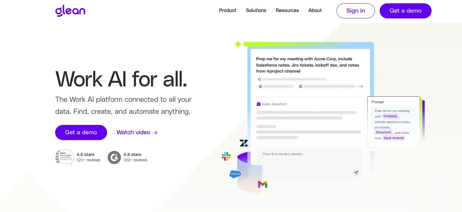 Glean homepage screenshot — Work AI platform connected to your data. Find, create, and a