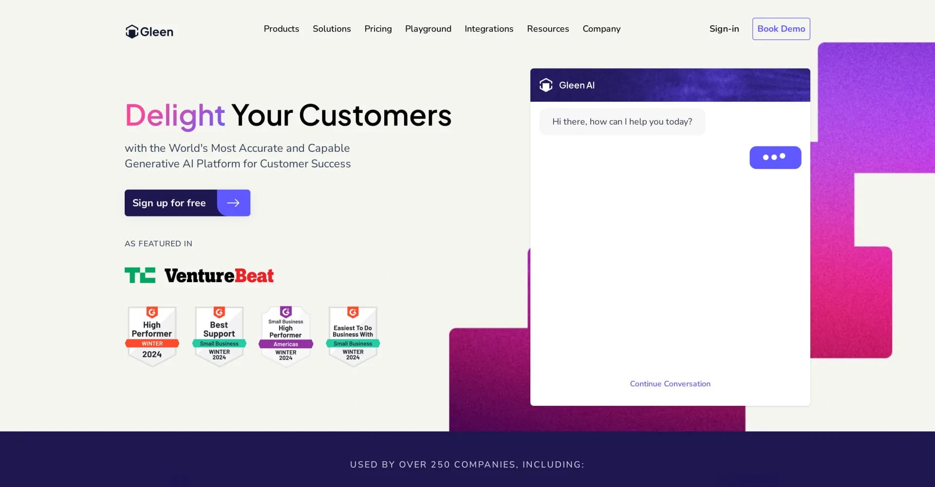 Gleen homepage screenshot — Delight customers with AI-powered support.