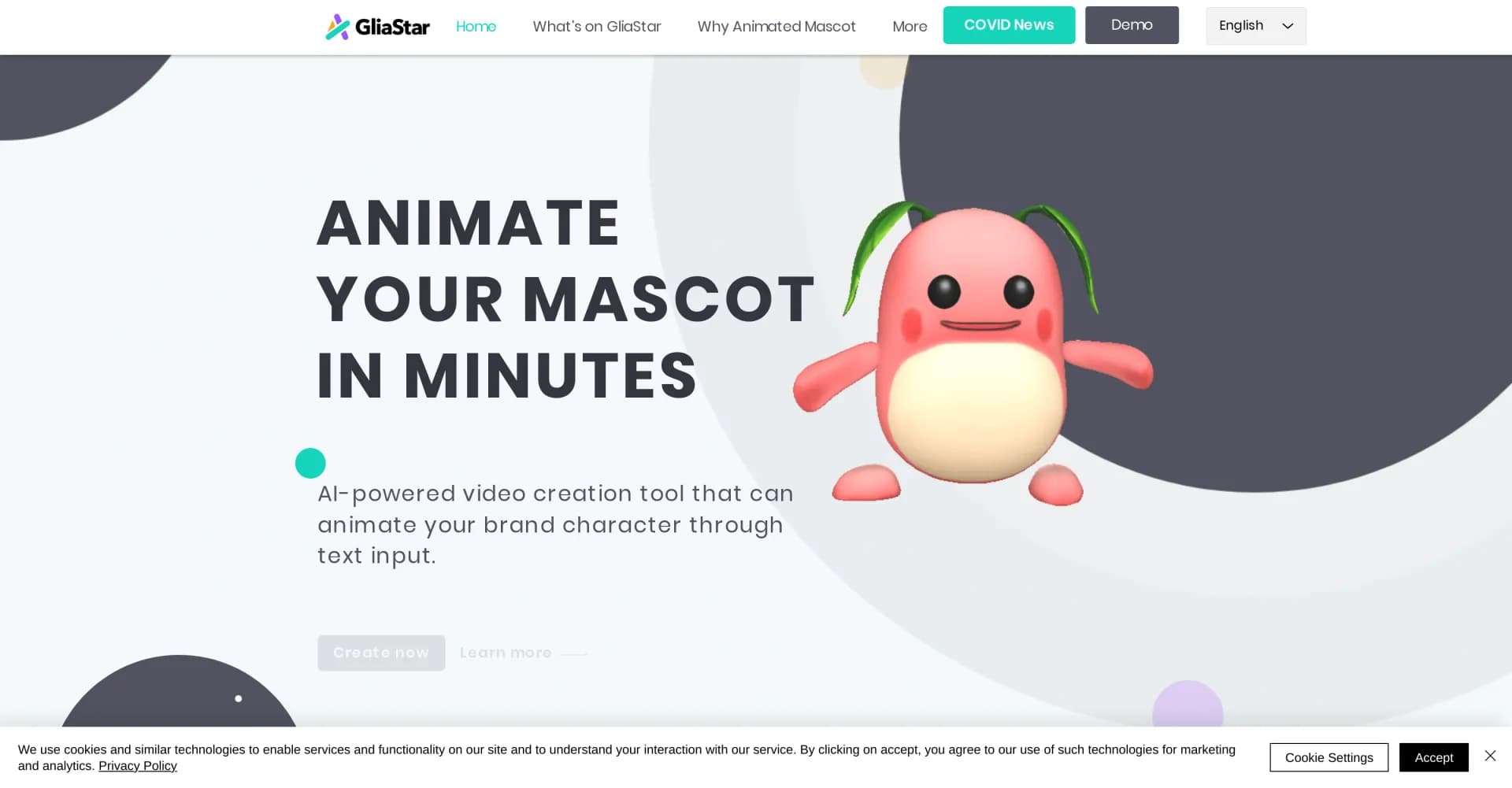 GliaStar homepage screenshot — Animate your mascot in minutes with AI