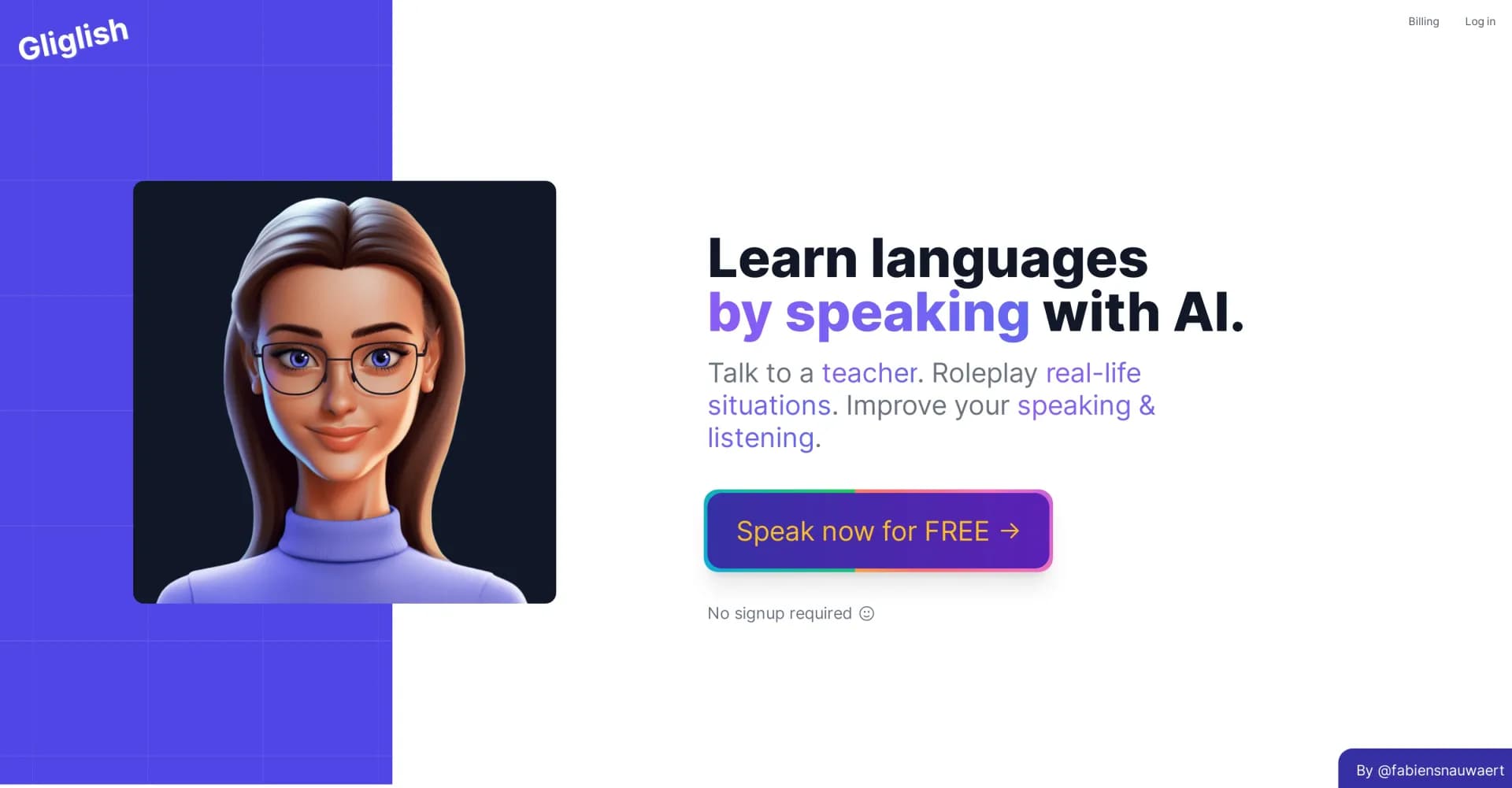 Gliglish homepage screenshot — Learn languages by speaking with AI